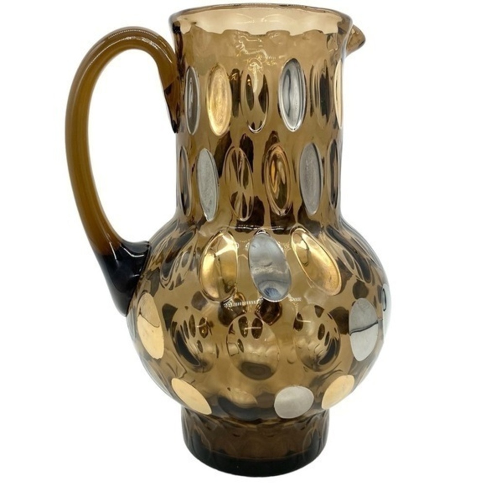 Borske Sklo Optic Bohemia Crystal Pitcher Czech Art Glass Silver Gold Dot